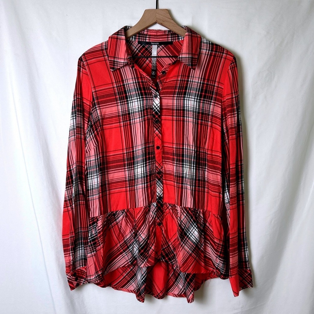 Kensie Women Peplum High-Low Plaid Button Up Shirt Size L Pink Orange Country